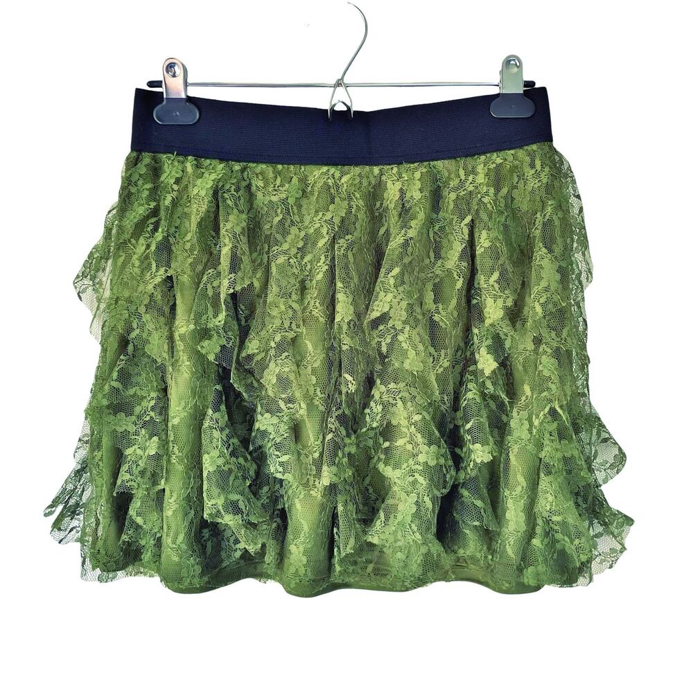 EXPRESS Tiered Ruffle Lace Mini Skirt Green Size XS Grunge Fairy Moss Y2K